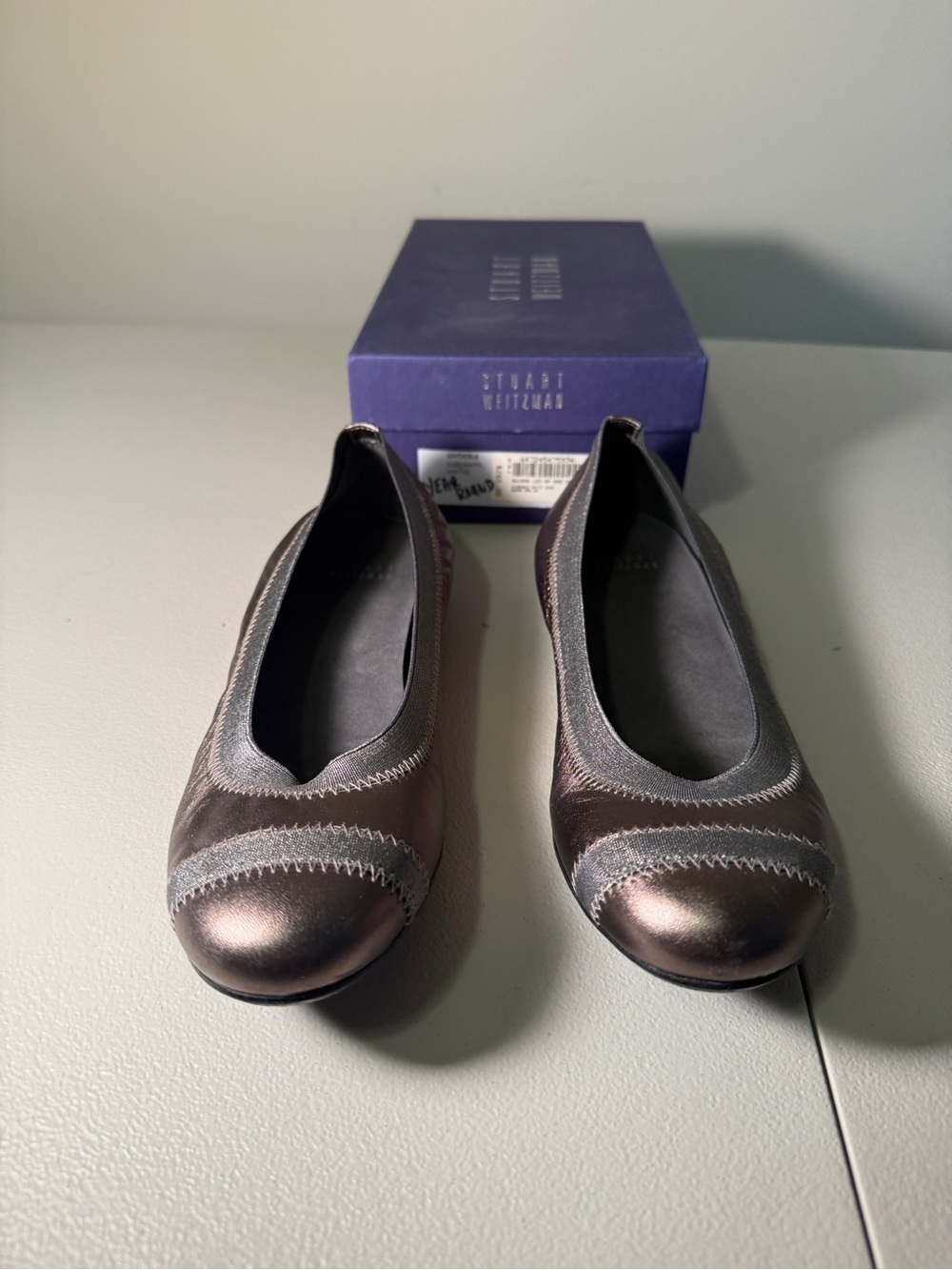 Stuart Weitzman Leather Ballet Flats Size 9.5N Silver Comfort Slip Career Office